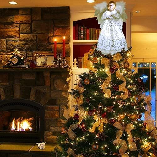 טופר עץ מלאך חג המולד | 12.59 אינץ 'לחג המולד מלאך לבן צמר צמרת | טופר עץ מלאך LED 3D | טופרי עץ פיות,